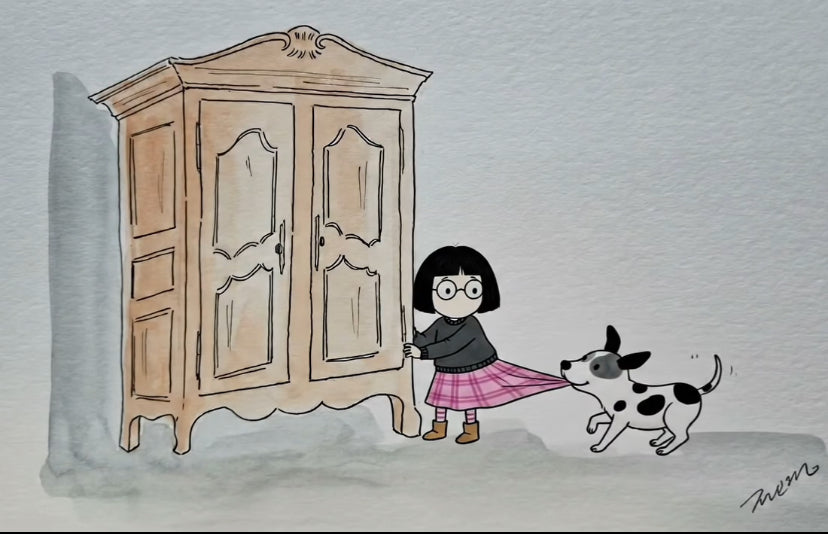 Illustration de l'artiste inky_lucky — duo fille et chien dans un décor mélancolique, style minimaliste coréen